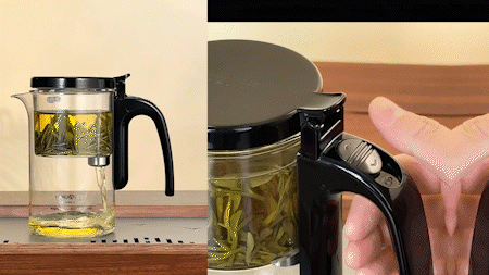 创窑茶器金灶磁控茶道杯手柄按压控汤动态演示，单手轻松分茶不溅水实拍GIF