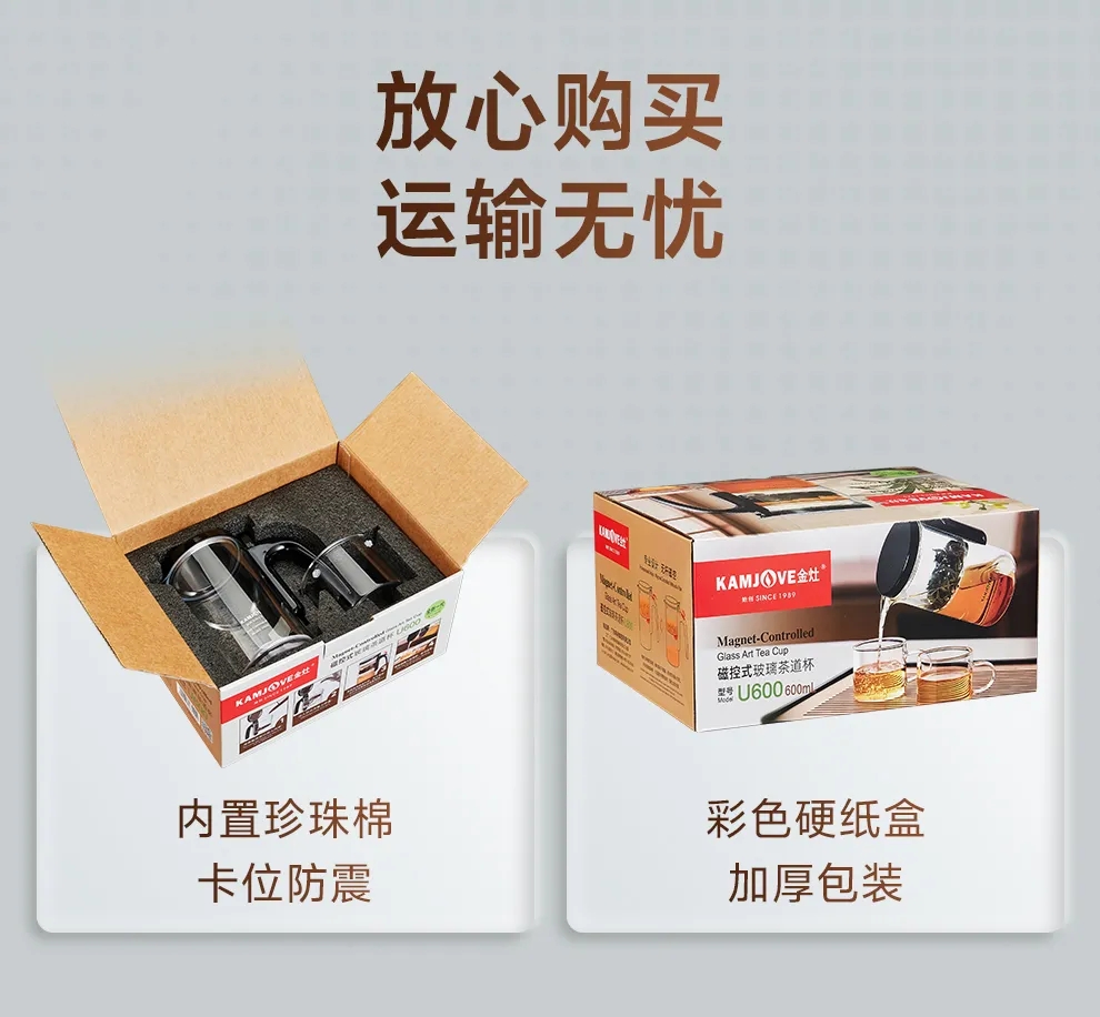 螺蛳湾51茶具网金灶新一代磁控玻璃茶道杯核心卖点汇总海报，磁控出水、高硼硅玻璃、茶水分离、多段恒温一览