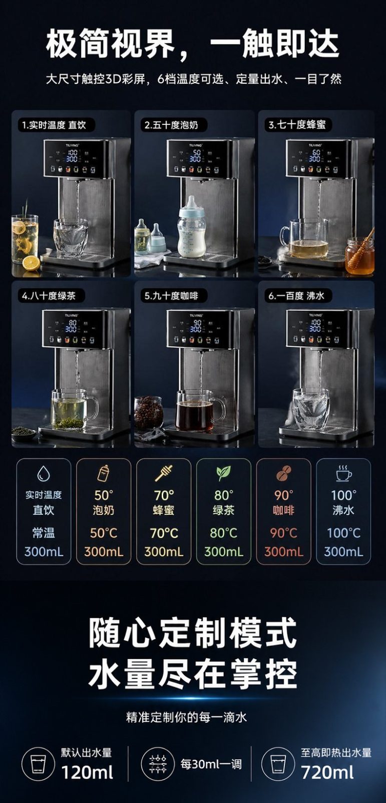 钛立维TD-P002触控彩屏操作展示 6档水温定量出水 高清大屏一目了然