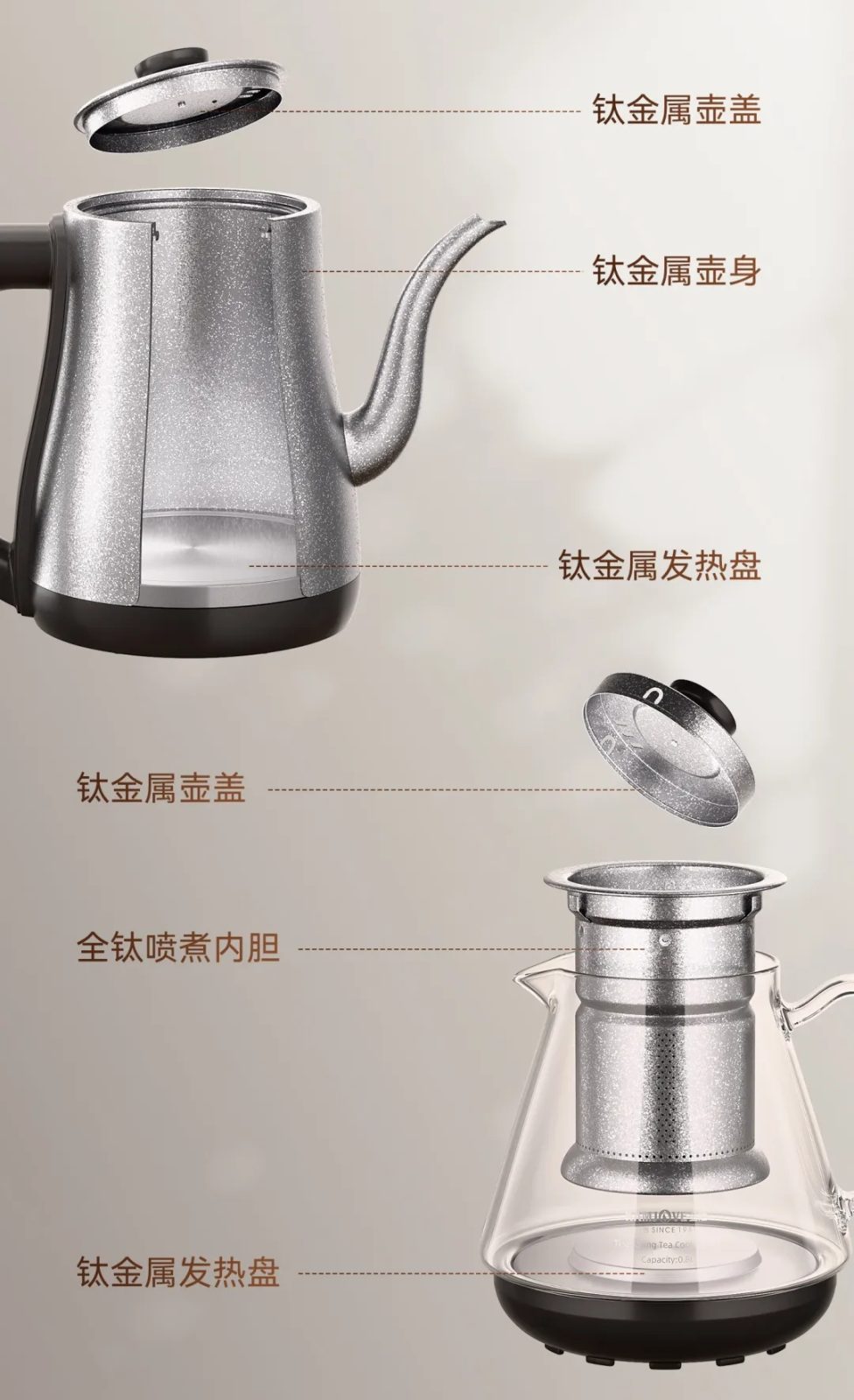 金灶S6/S7/S9三款纯钛茶炉并排外观对比，尺寸功能差异实拍图，全系搭载TA1纯钛水壶
