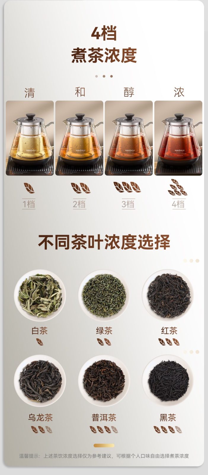金灶纯钛茶艺炉4档煮茶浓度调节，和醇浓多档位适配不同茶类，白茶普洱黑茶均可自定义口感