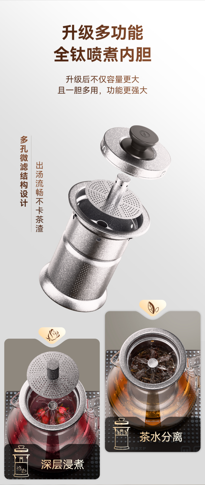 金灶全钛喷煮内胆细节，多孔微滤结构设计，深层浸煮茶水分离，出汤流畅不卡茶渣